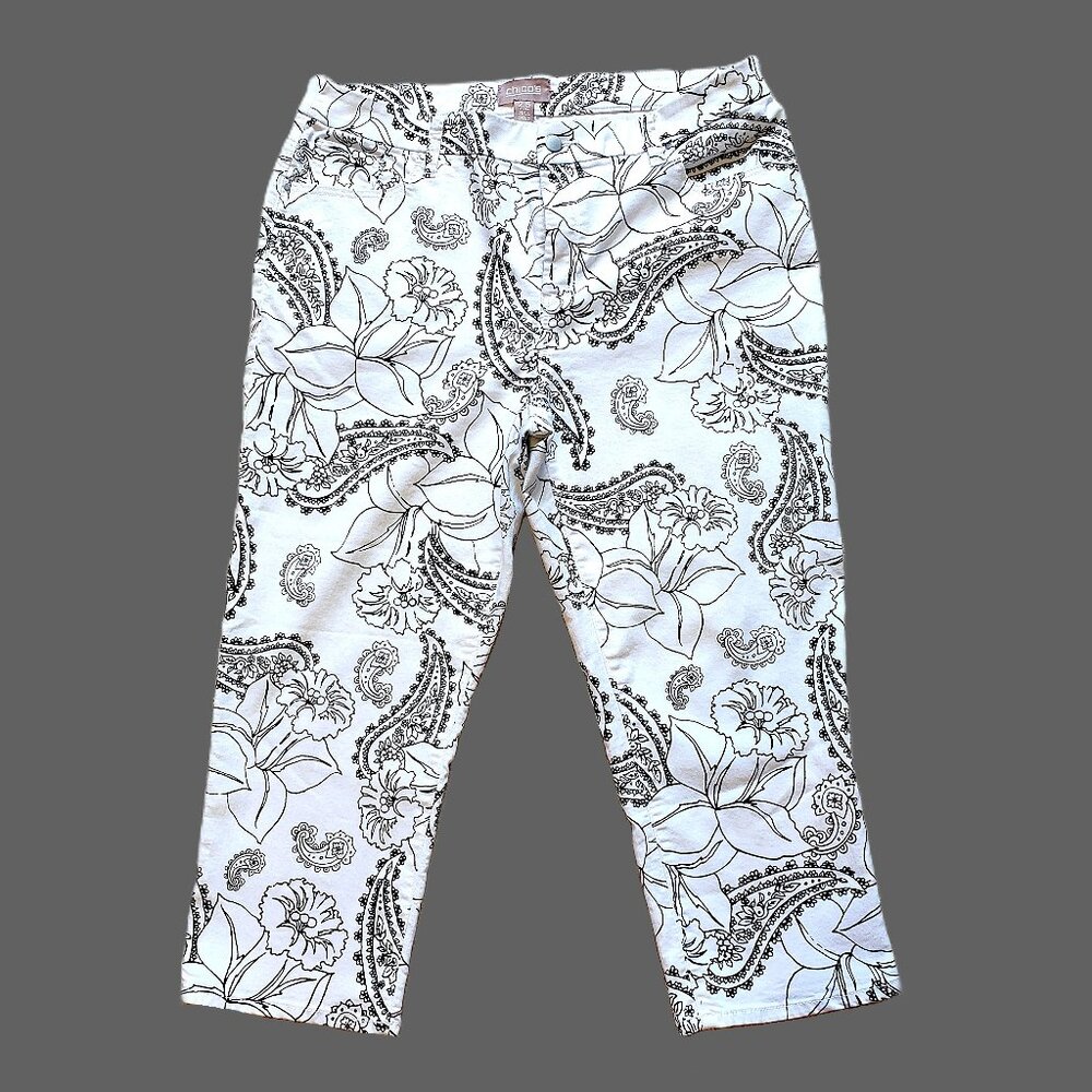 Chico's White Black Floral Paisley Print Denim Capris Jeans Womens Sz 14 Coastal